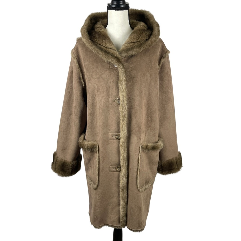 Dennis Basso Women's Reversible Coat Large Brown Faux Fur Hooded Button Front